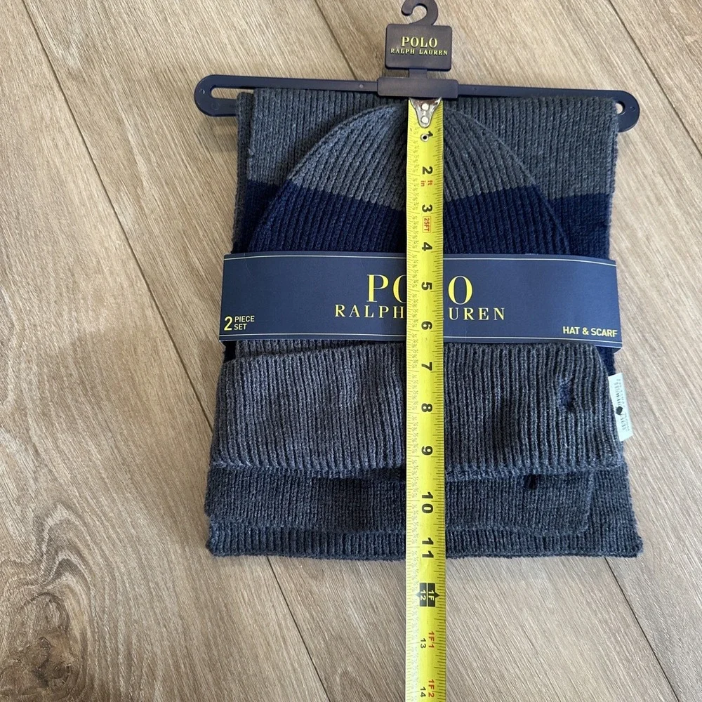 Polo Ralph Lauren Hat & Scarf Set Gray & Navy Blue, Embroidered Pony BRAND‎ NEW